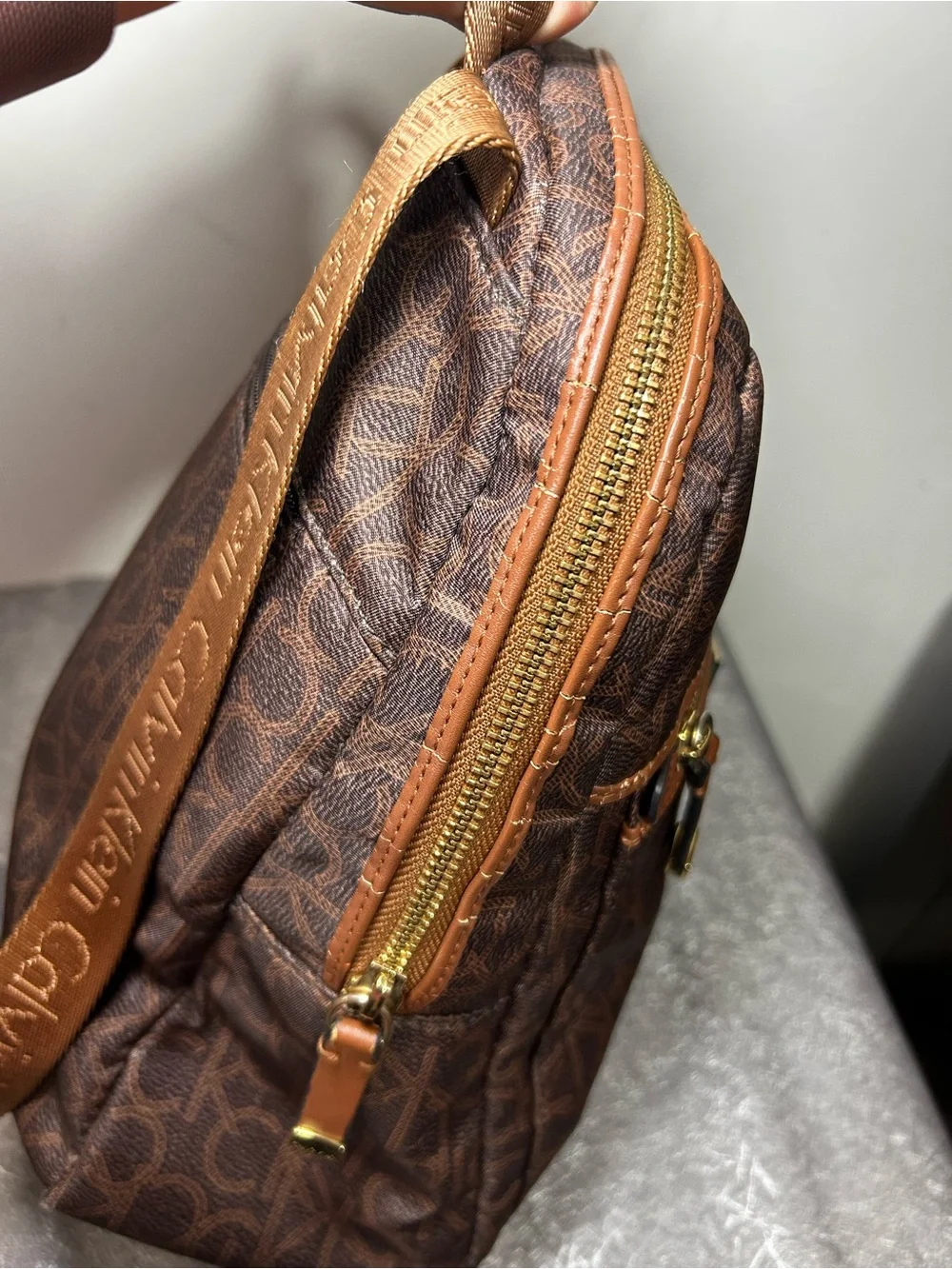 Calvin Klein Brown Logo Print Backpack Zip Front Pocket Gold Hardware